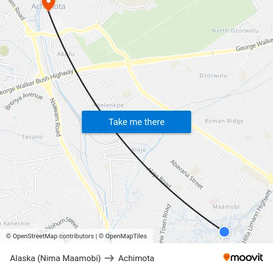 Alaska (Nima Maamobi) to Achimota map