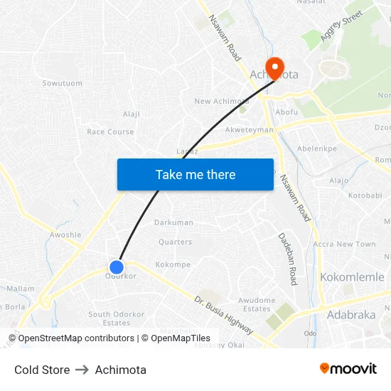 Cold Store to Achimota map
