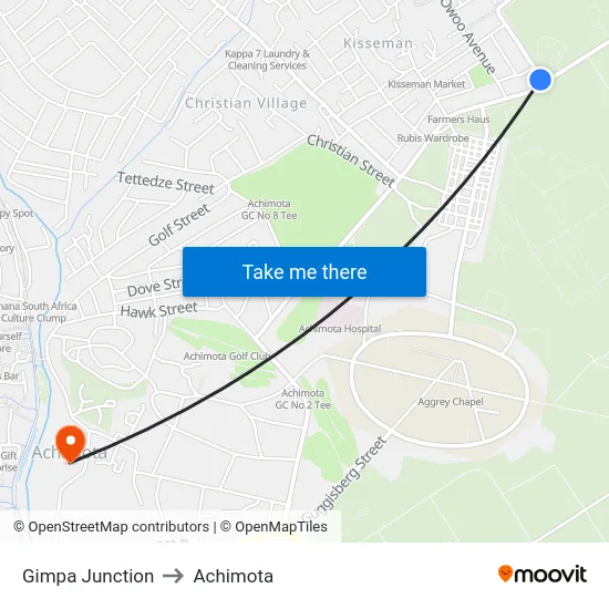 Gimpa Junction to Achimota map