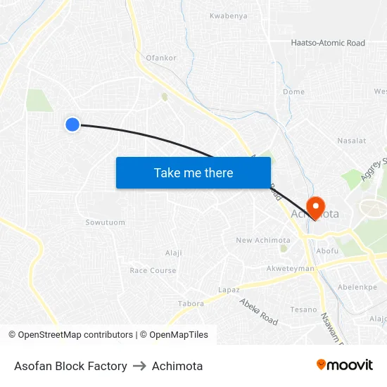 Asofan Block Factory to Achimota map