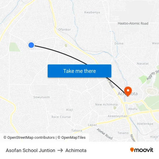 Asofan School Juntion to Achimota map