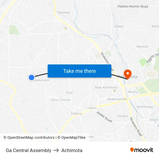 Ga Central Assembly to Achimota map