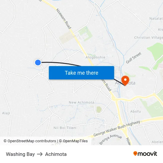 Washing Bay to Achimota map