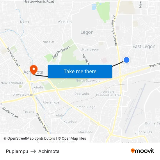 Puplampu to Achimota map