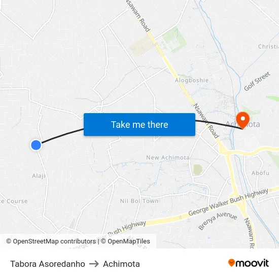 Tabora Asoredanho to Achimota map