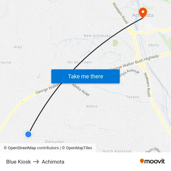Blue Kiosk to Achimota map