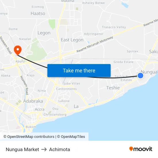 Nungua Market to Achimota map
