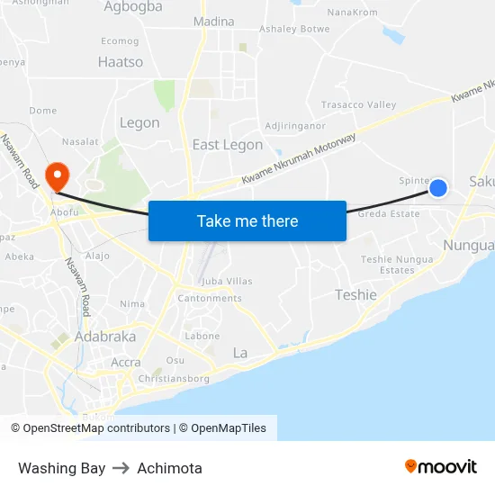 Washing Bay to Achimota map