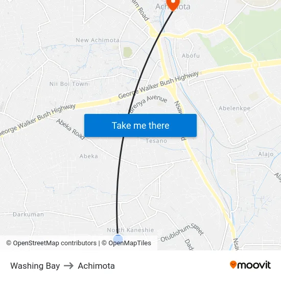Washing Bay to Achimota map