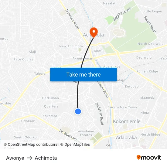 Awonye to Achimota map