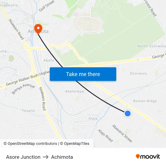 Asore Junction to Achimota map