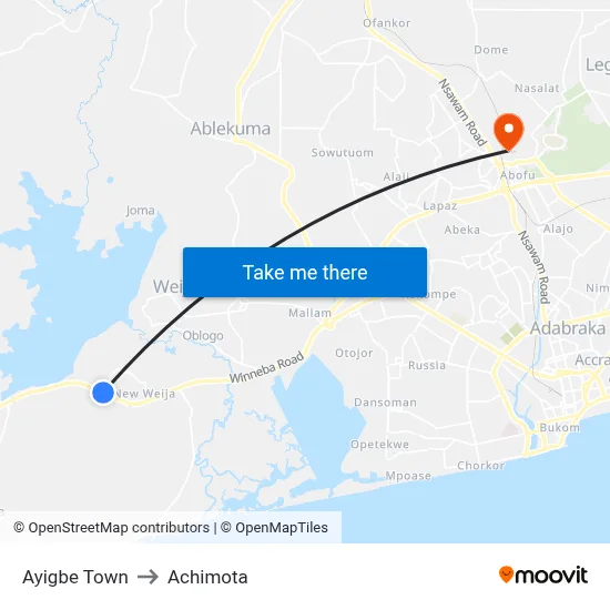Ayigbe Town to Achimota map