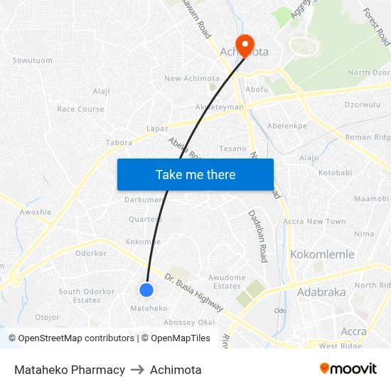 Mataheko Pharmacy to Achimota map