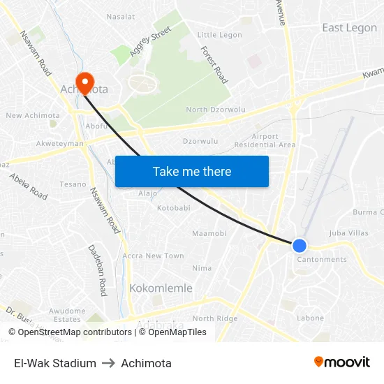 El-Wak Stadium to Achimota map