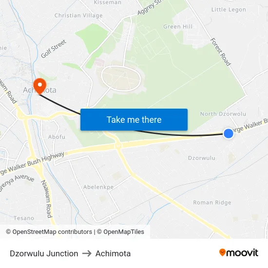 Dzorwulu Junction to Achimota map