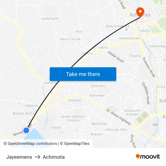 Jayeemens to Achimota map