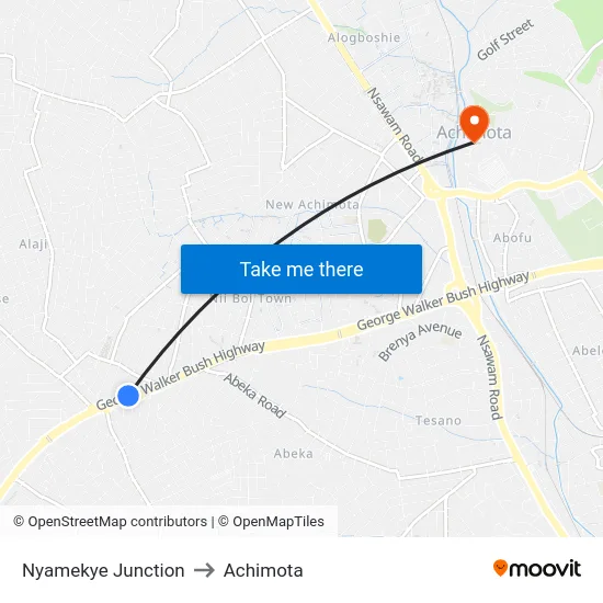 Nyamekye Junction to Achimota map
