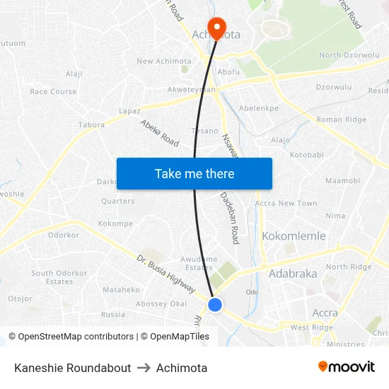 Kaneshie Roundabout to Achimota map