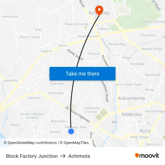 Block Factory Junction to Achimota map