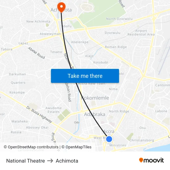 National Theatre to Achimota map