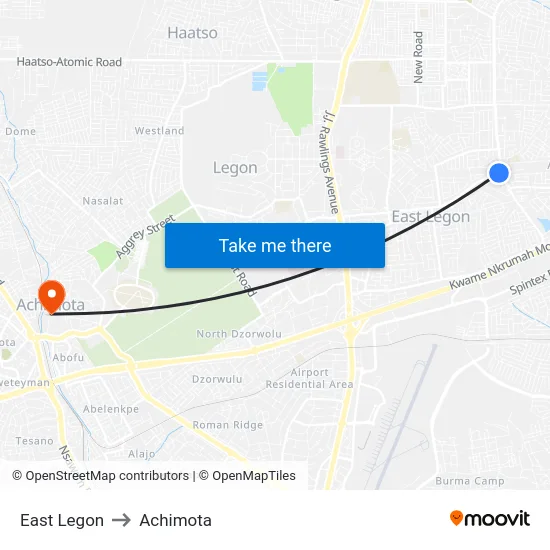 East Legon to Achimota map