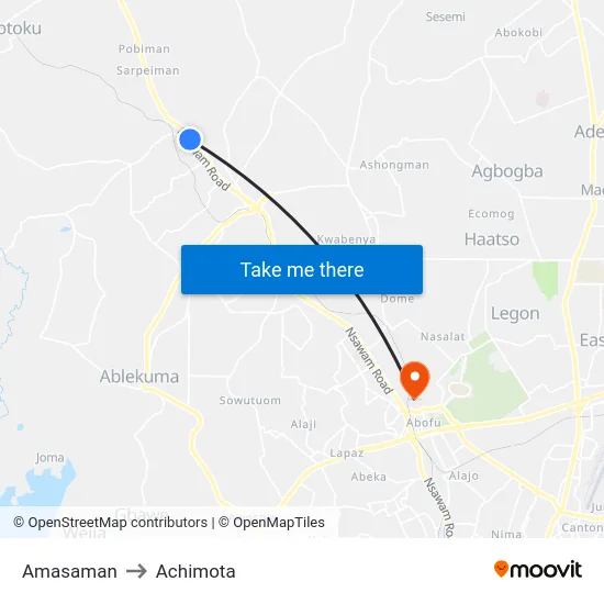 Amasaman to Achimota map