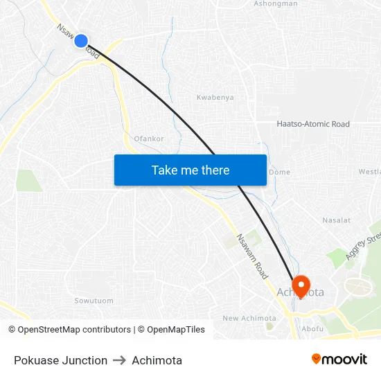 Pokuase Junction to Achimota map