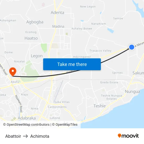 Abattoir to Achimota map