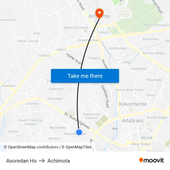 Asoredan Ho to Achimota map