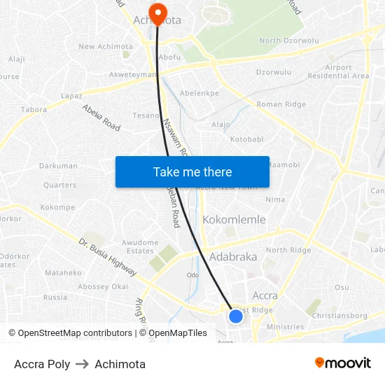Accra Poly to Achimota map