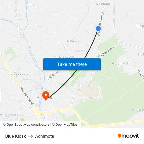 Blue Kiosk to Achimota map