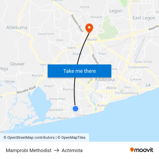 Mamprobi Methodist to Achimota map