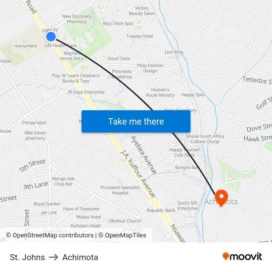 St. Johns to Achimota map