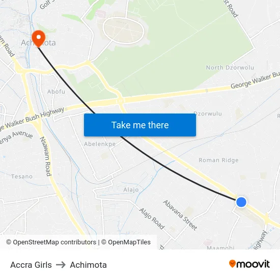 Accra Girls to Achimota map