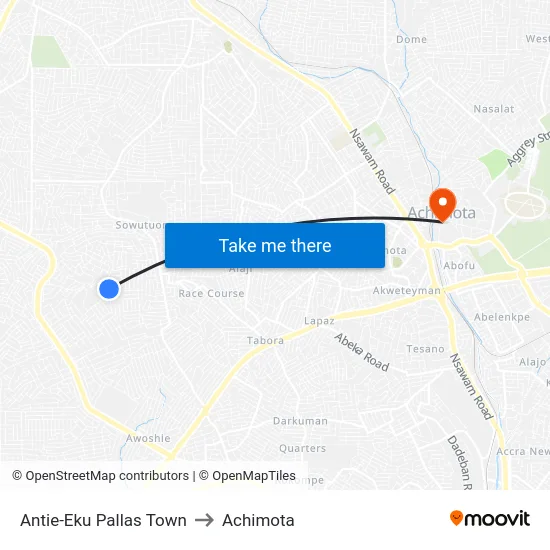 Antie-Eku Pallas Town to Achimota map