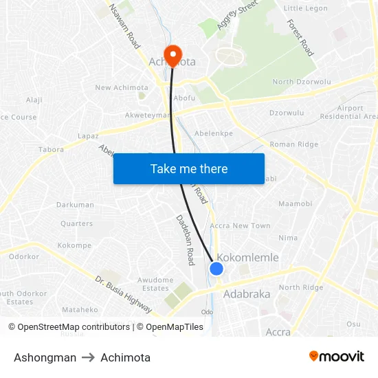 Ashongman to Achimota map