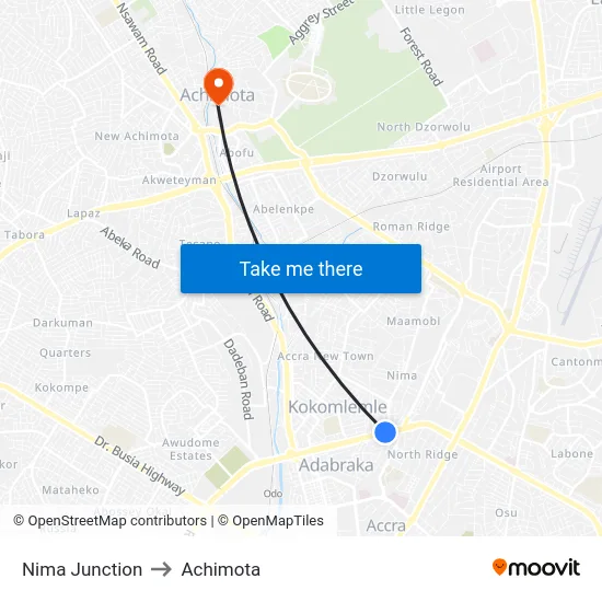 Nima Junction to Achimota map
