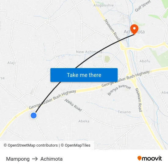 Mampong to Achimota map