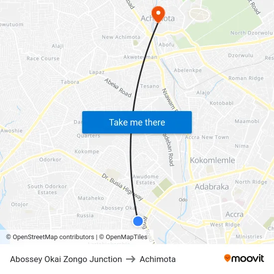 Abossey Okai Zongo Junction to Achimota map