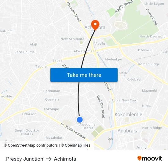 Presby Junction to Achimota map