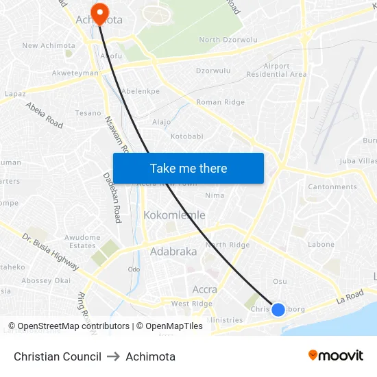 Christian Council to Achimota map