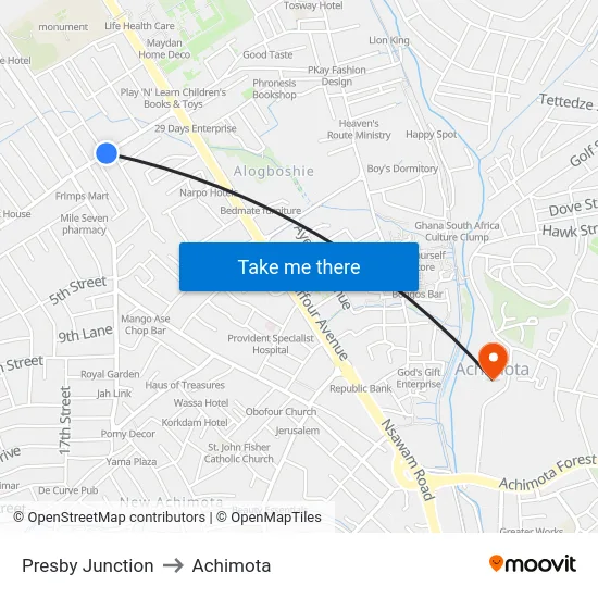 Presby Junction to Achimota map