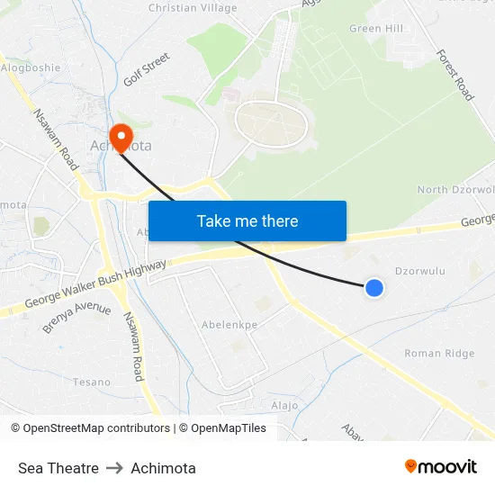 Sea Theatre to Achimota map