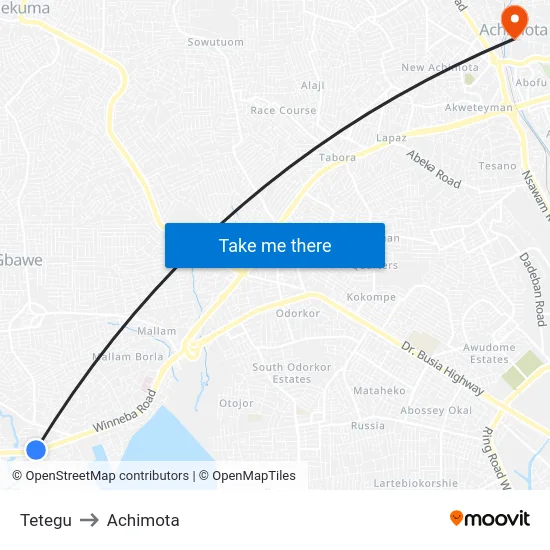 Tetegu to Achimota map