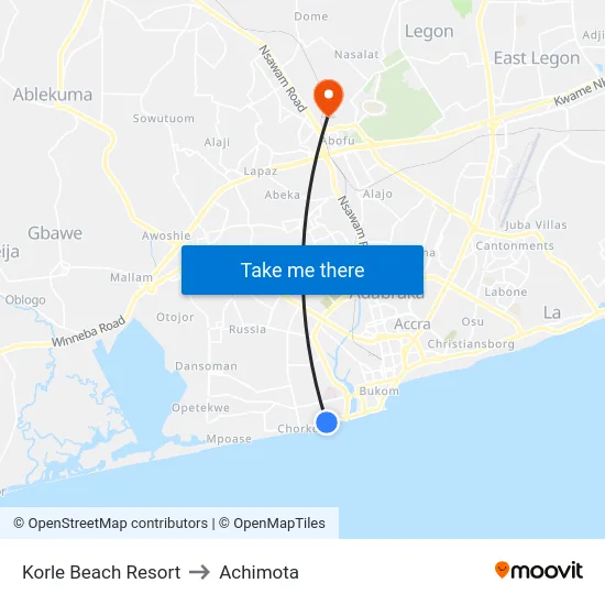 Korle Beach Resort to Achimota map