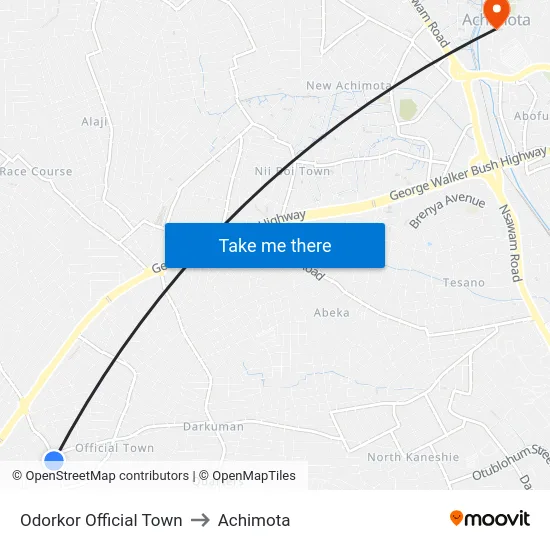 Odorkor Official Town to Achimota map