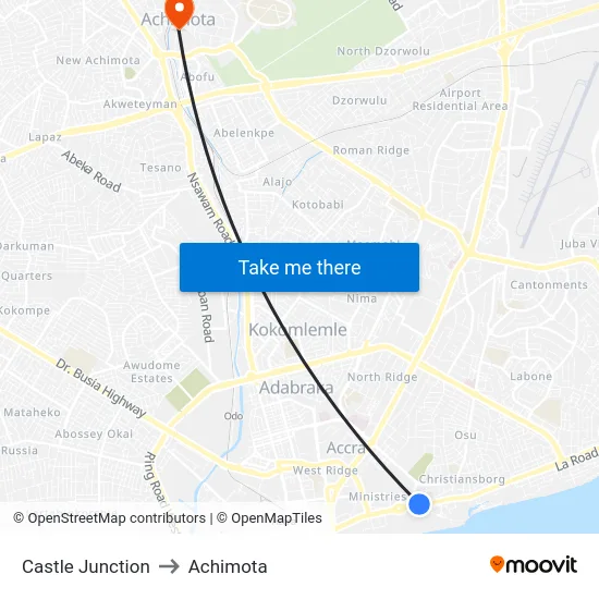 Castle Junction to Achimota map