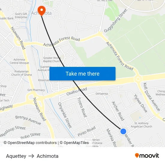 Aquettey to Achimota map