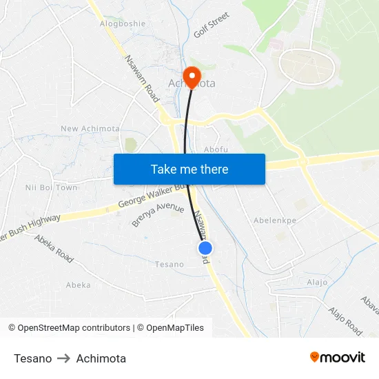 Tesano to Achimota map