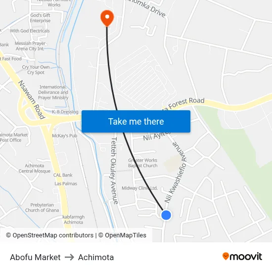 Abofu Market to Achimota map